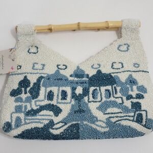Viral Blue White Santorini Greece Beaded Bamboo Handle Bag Clutch Made India NWT